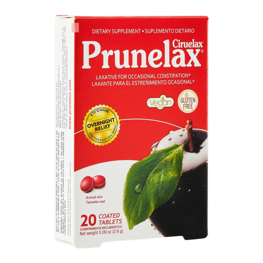 Prunelax Ciruelax Regolare resistenza Laxative Mini Tablets - Rilievo notturno per costipazione occasionale, Estratto di senna, Vegan & Gluten-Free, Rilievo Gentle - 20ct