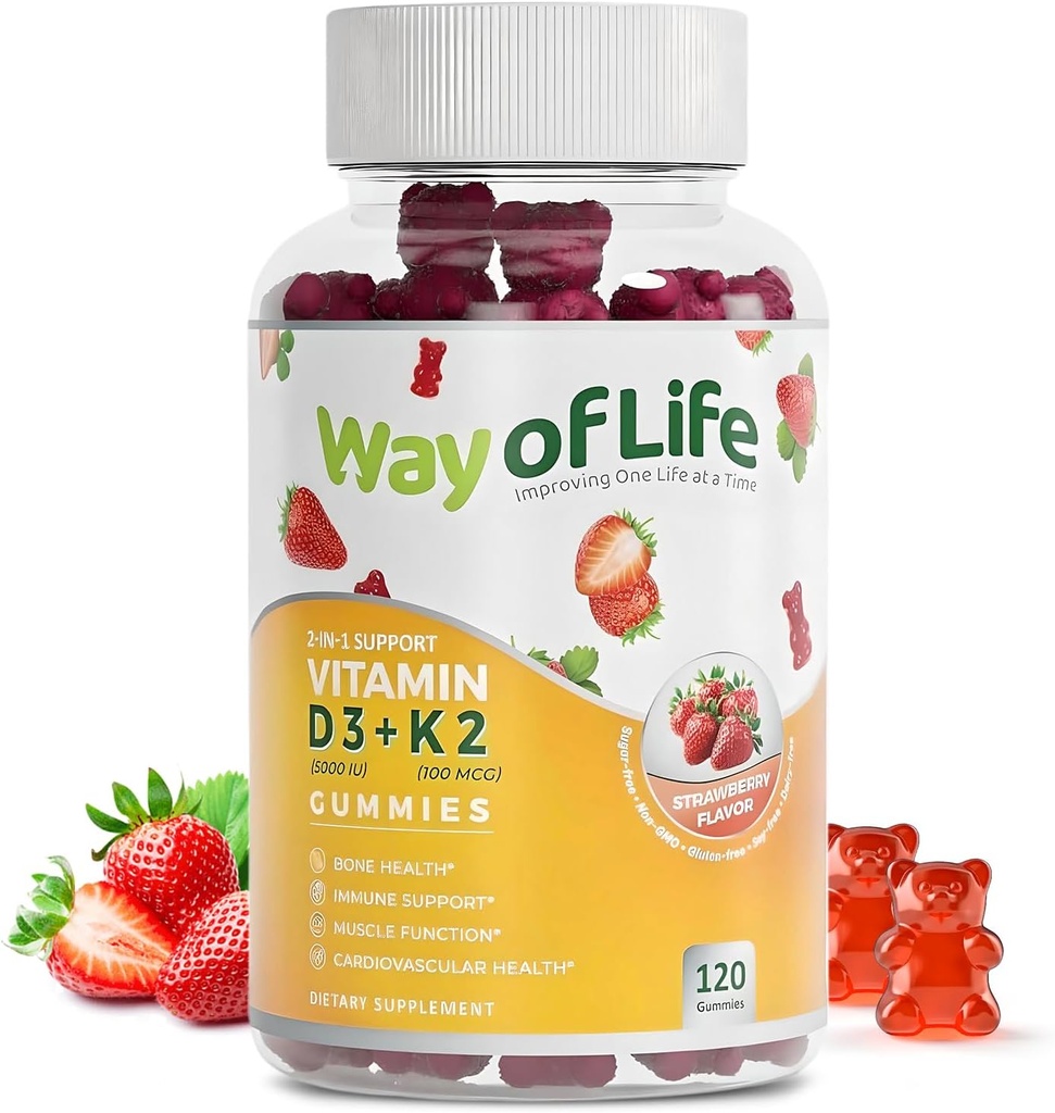 Vitamina D3 5000 IU (125 mcg) + K2 (MK-7) 100 mcg Zucchero-Free Gummies, Fragola - 120 conteggio, Bone e salute del cuore per adulti, Divertimento muscolare, Pectin, Tasty, Chewy, Non OGM, Gluten-Free, Gelatin-Free