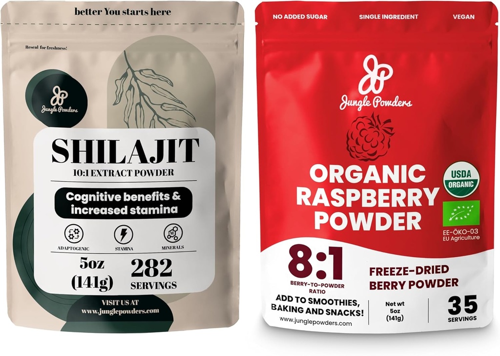 Bundle Superfood: 5oz Raw Shilajit & 5oz Organic Raspberry Powder Combo - Men's Energy Support, Immune Boost, USDA Certified Freeze-Dried Red Raspberries for Baking, Smoothies