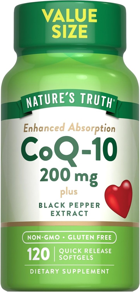 Verità della natura CoQ10 200mg | 120 Softgels | Alto assorbimento | Non-GMO & Gluten Free Coenzyme Supplement | con Estratto di pepe nero
