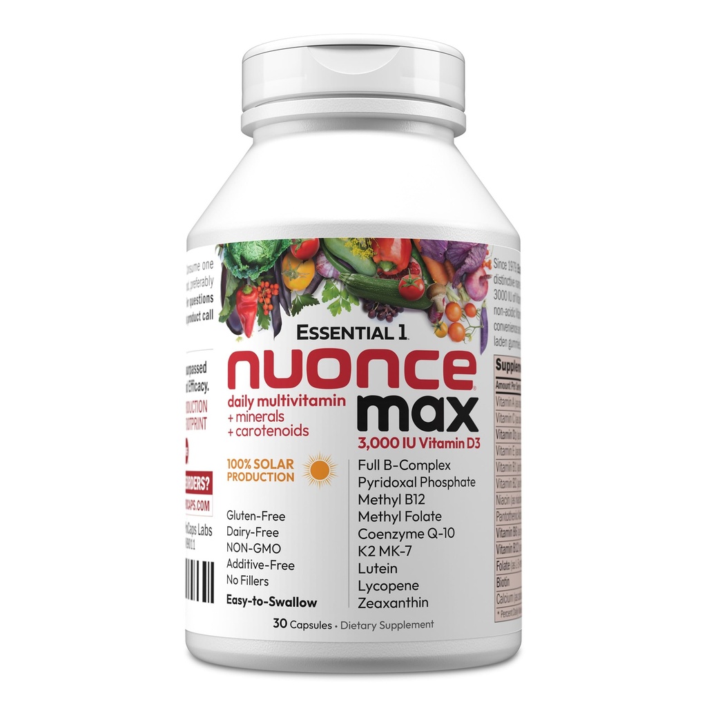 ANDREW LESSMAN Essential-1 nuonce max Multivitamin 3000 IU Vitamina D3 30 Piccole capsule. 100 mcg Methyl B12. CoQ10 Lutein Lycopene Zeaxantina. Alta potenza. Niente additivi. Ultra-Mild One Daily Capsule