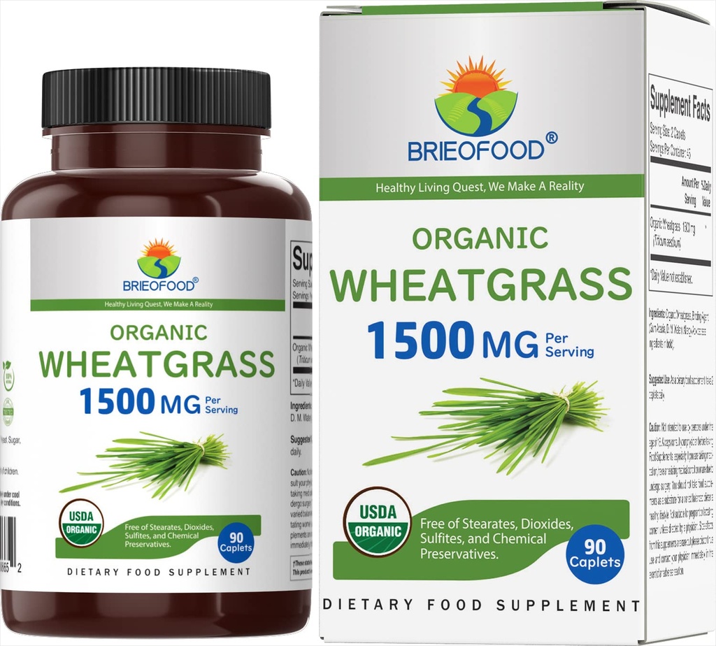 Brieofood Organic Wheatgrass 1500mg, 45 Serve, Vegetariano, Senza Glutine, 90 compresse vegetariane
