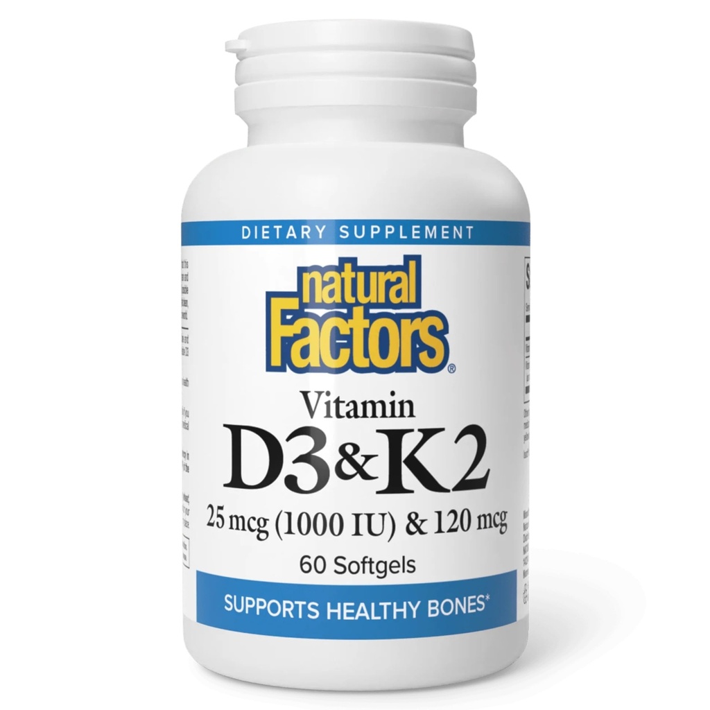 Fattori naturali, Vitamina D3 & K2 1000 IU e 120 mcg, Supporti Bone e Salute vascolare, 60 Softgels