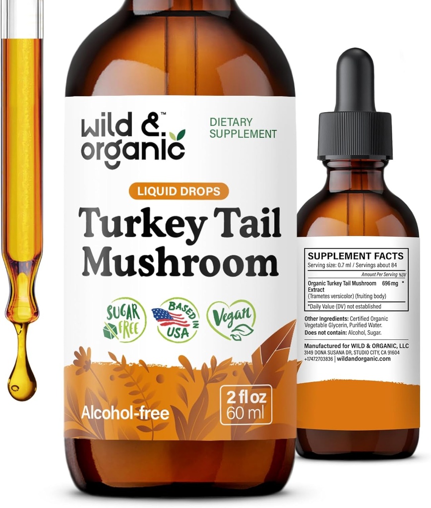 Wild & Organic Turkey Tail Tincture - Immune & Gut Support - Turchia Tail Mushroom Extract Drops - Vegan, Sugar & Alcohol-Free Liquid Supplement - 2 fl oz