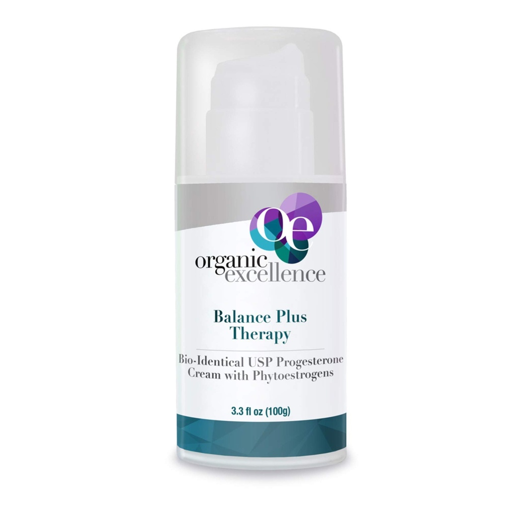 Organic Excellence Balance Plus Therapy - USP Bioidentical Organic Progesterone Cream for Women - con Phytoestrogens - per Menopause Relief e Natural Hormone Balance, 3.3 fl oz (100g)