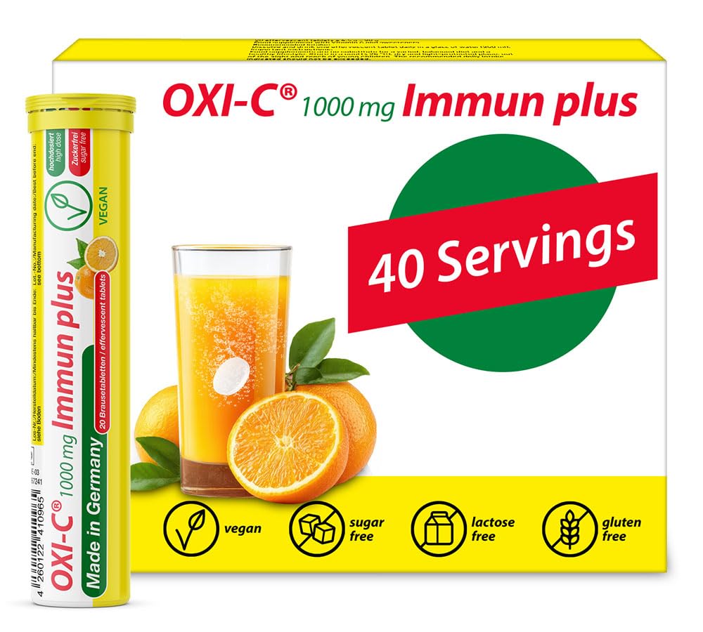 T&D Oxi C 1000 mg Vitamin C - 40 Vegan Drink Effervescent Tablets - Arancione Flavor - Made in Germany
