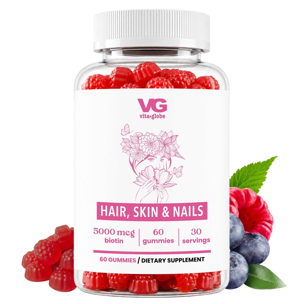 VITA GLOBE Hair, Skin & Nails + Collagen Gummies – 20mg con Vitamine A, C, D, E, B6 & Biotin | Beauty & Wellness Supplement per la crescita sana dei capelli, Radiant Skin & Strong Nails – 60 Count (Pack of 1)