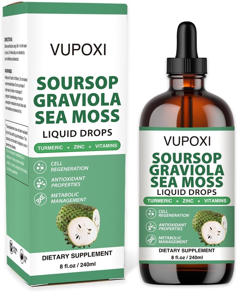Soursop Multivitamin Liquid Drops Cell Support & Regeneration, Immune Boost, Fibra dietetica e sonno, Organic Soursop Extract-Sugar Free, Non-GMO, 100% Vegan, Gluten-Free-8 Fl Oz/240 ML