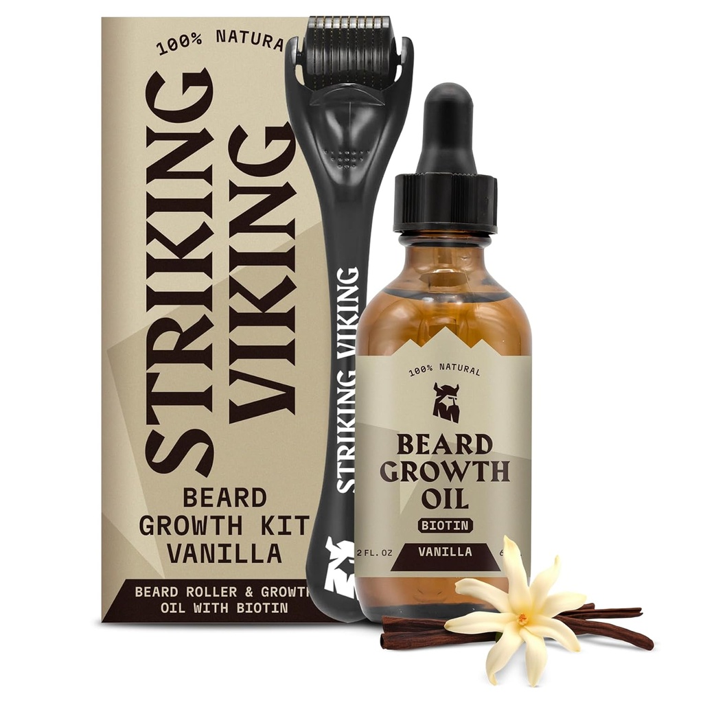 Striking Viking Beard Growth Oil - 2 fl oz, Confezione da 1, Vanilla - Olio di barba addensante con Jojoba & Argan Extracts - Promuove Facial Hair Growth & Targets Patchy Aree - Biotin Fortified