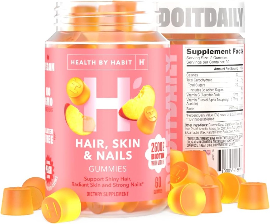 Salute per Abitazione Capelli, Pelle e Unghie Supplemento (60 Gummies) - 2500mcg Biotina, Vitamina C, Vitamina E, Chiodi forti, Peach Flavor, Vegan, Gluten Free, Non OGM