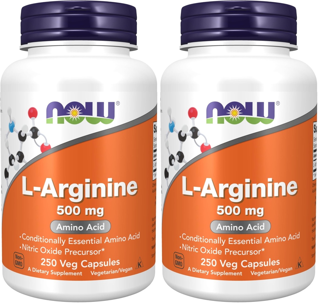 NOW Integratori, L-Arginina 500 mg, Precursore di Ossido Nitrico*, Aminoacido, 250 capsule di Veg (Pack of 2)