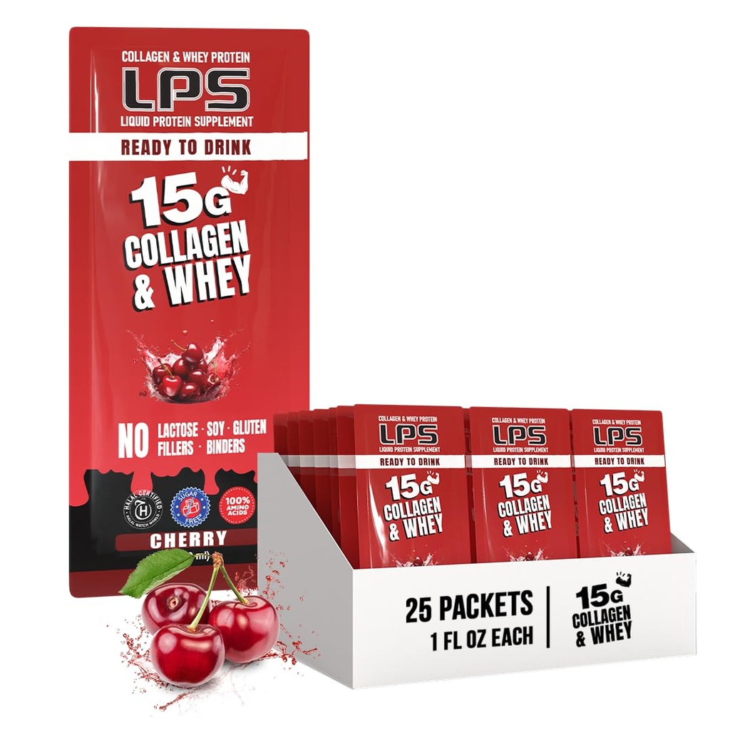 LPS Liquid Collagen & Whey Protein Supplement - Non OGM Drink, Sugar-Free - Promuove la pelle sana & capelli per gli uomini e le donne, Ciliegia, Single Serve (25 pacchetti)