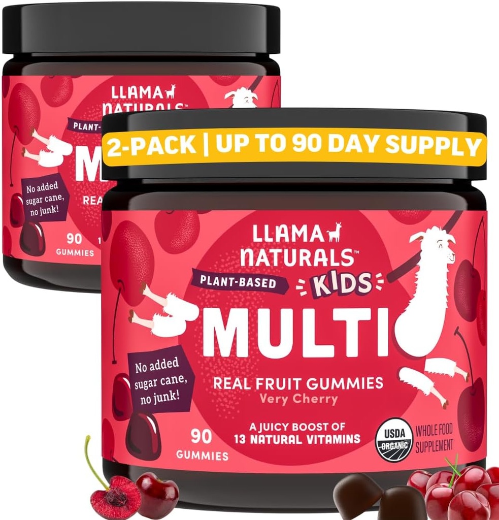 Llama Naturals Kids Multivitamin Gummies, Vegan, Organico con Vitamina D, C & K, Toddler Ver Fruit Gummy Vitamine, Chewable Supplement, Whole Food Multivitamin, Non Aggiunto Zucchero Canna, Ciliegia, 2 Pk