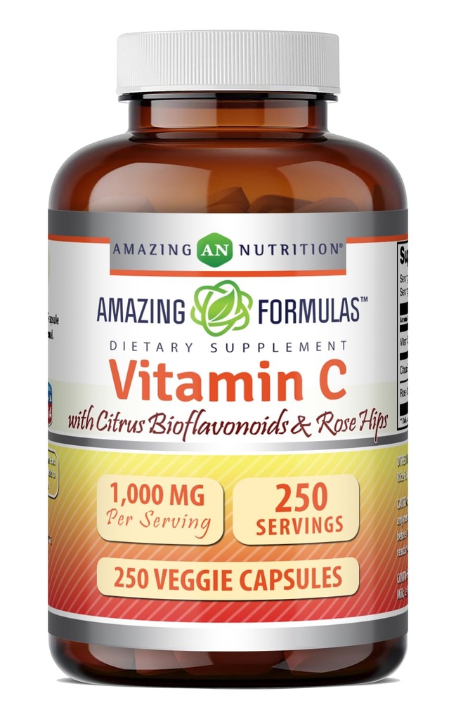 Incredibile formula vitamina C con Rose HIPS & Citrus Bioflavonoids | 1000 Mg per Serving Supplemento | 250 capsule vegetali | Non OGM | Gluten-Free | Made in USA