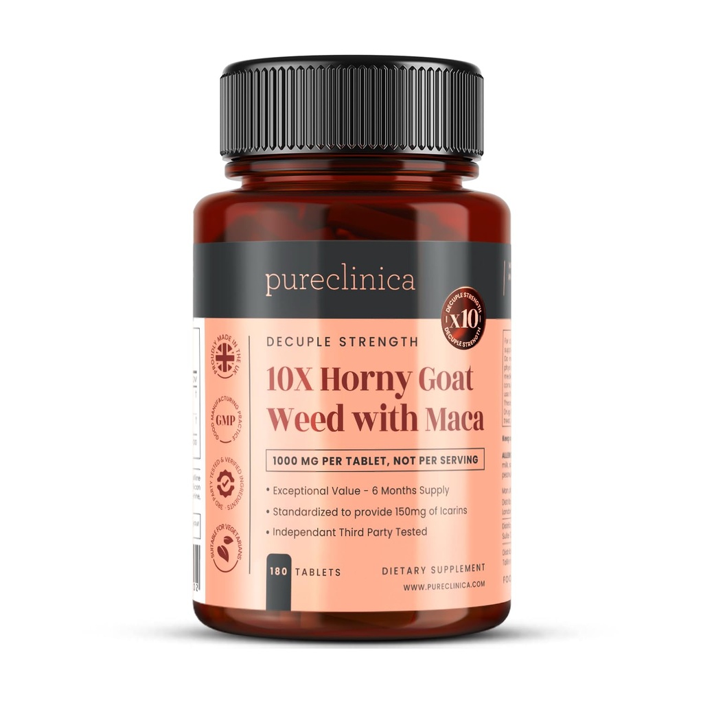 purclinica 10X Arrapato Goat Weed & Maca Extract 6250mg x 180 compresse (6 mesi di alimentazione) -10 X Più Icariins - w/5mg Black Pepper Extract per 300% Aumento dell'assorbimento