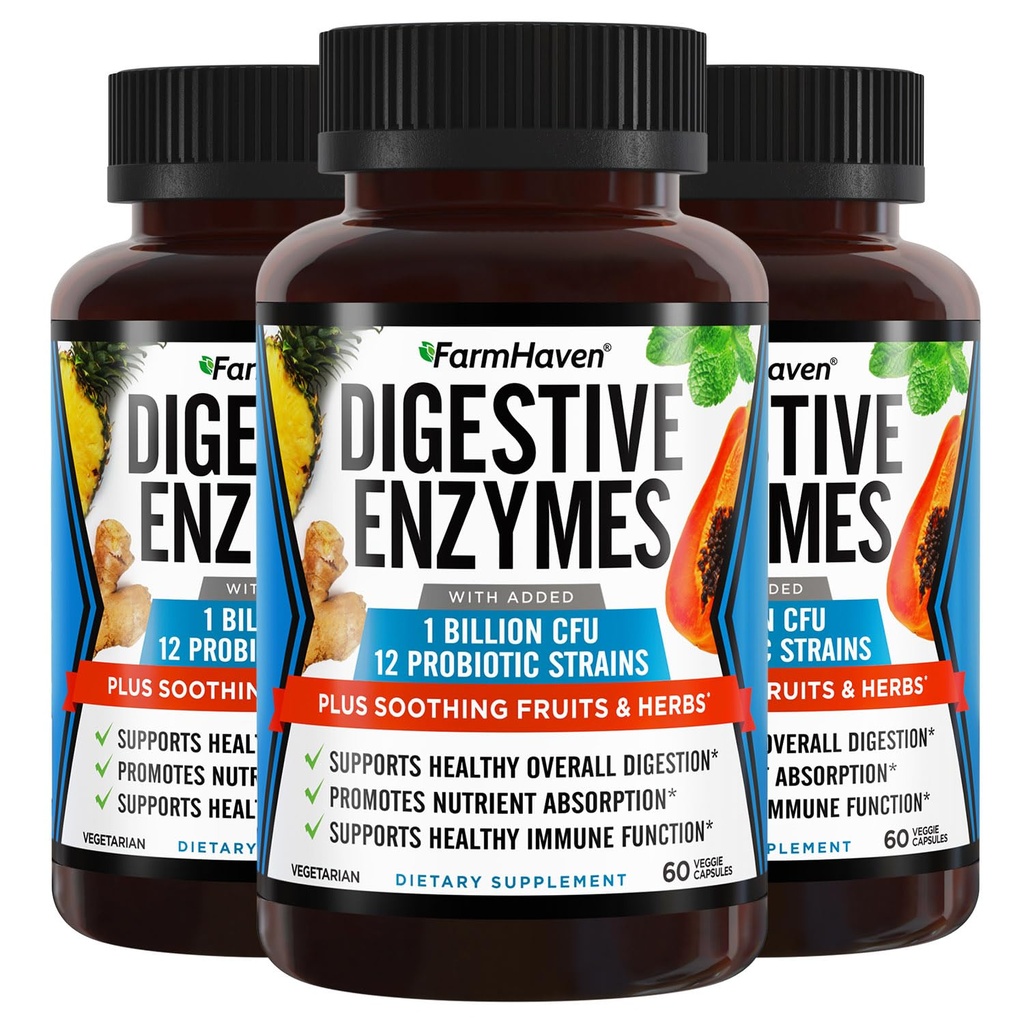 FarmHaven Enzimi Digestivi con 18 Probiotici & Erbe | Papaya, Bromelain, Protease & More per Assorbimento Lattosio & Migliore Digestione | Aiuta Bloating, Gas, Costipazione | Vegetariano, 180 Capsule