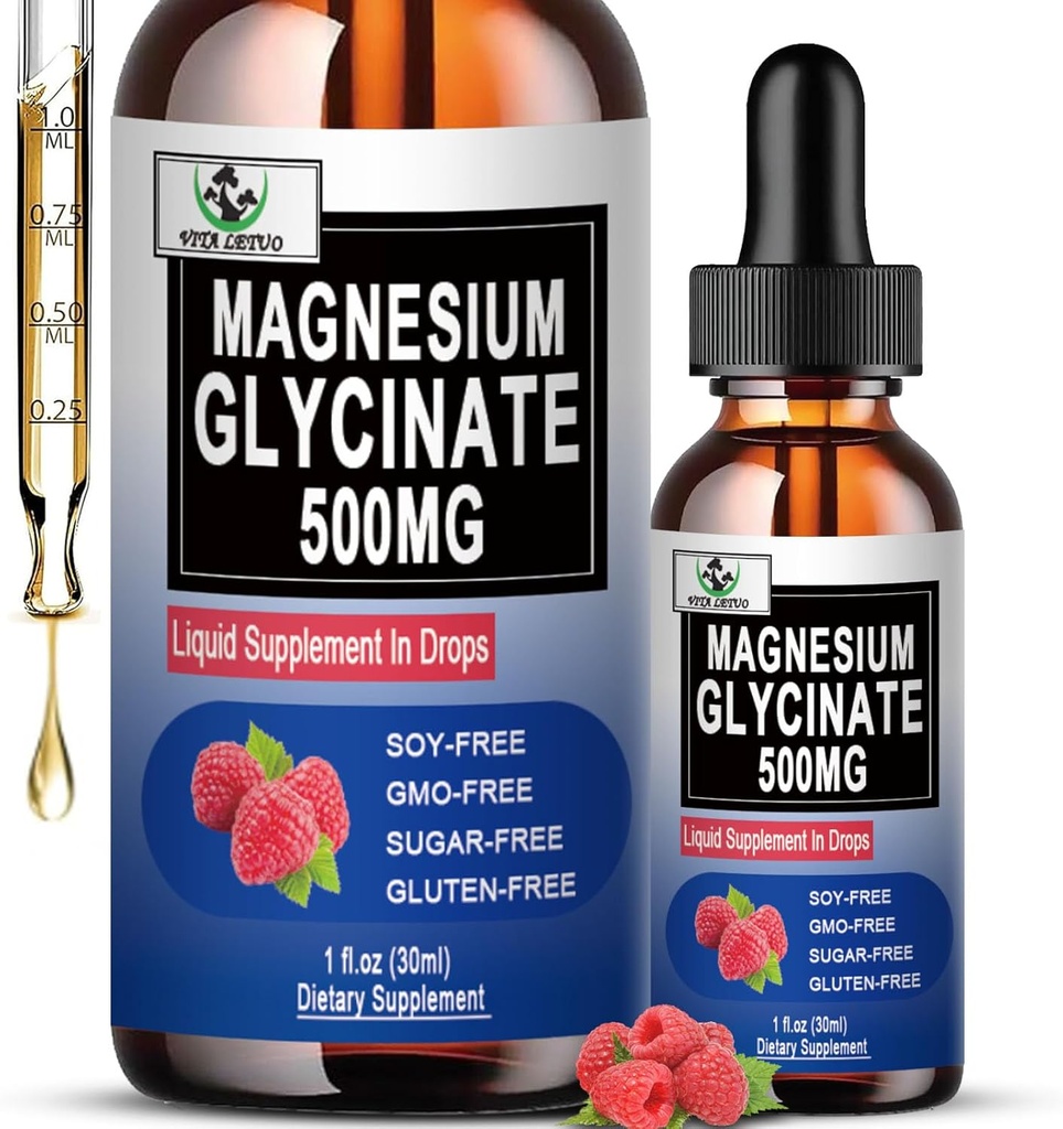 Magnesio puro Glycinate | Supplemento di magnesio liquido 500mg per il sonno, Nerve, Bone e salute del cuore | Vegan Glycinate Mag Liquid Drops 6X High Absorption | Non OGM, Gluten-Free | 30 Servings