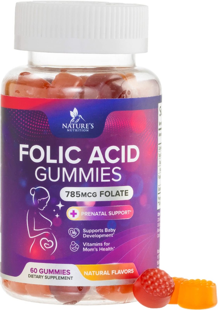 Gummie di acido folico per le donne 785 mcg, Vitamine prenatali essenziali per la mamma e il bambino, Prosciutto di integratore folico vegano, Folato di vitamina B9 di resistenza extra, prima durante la gravidanza - 60 Gummies