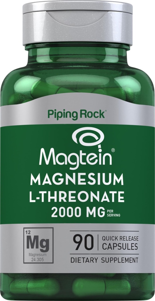 Piping Rock Magnesium L-Threonate Capsule | 2000mg | 90 Pills | con Magtein | Supplemento per Uomini e Donne | Non OGM, Gluten Free
