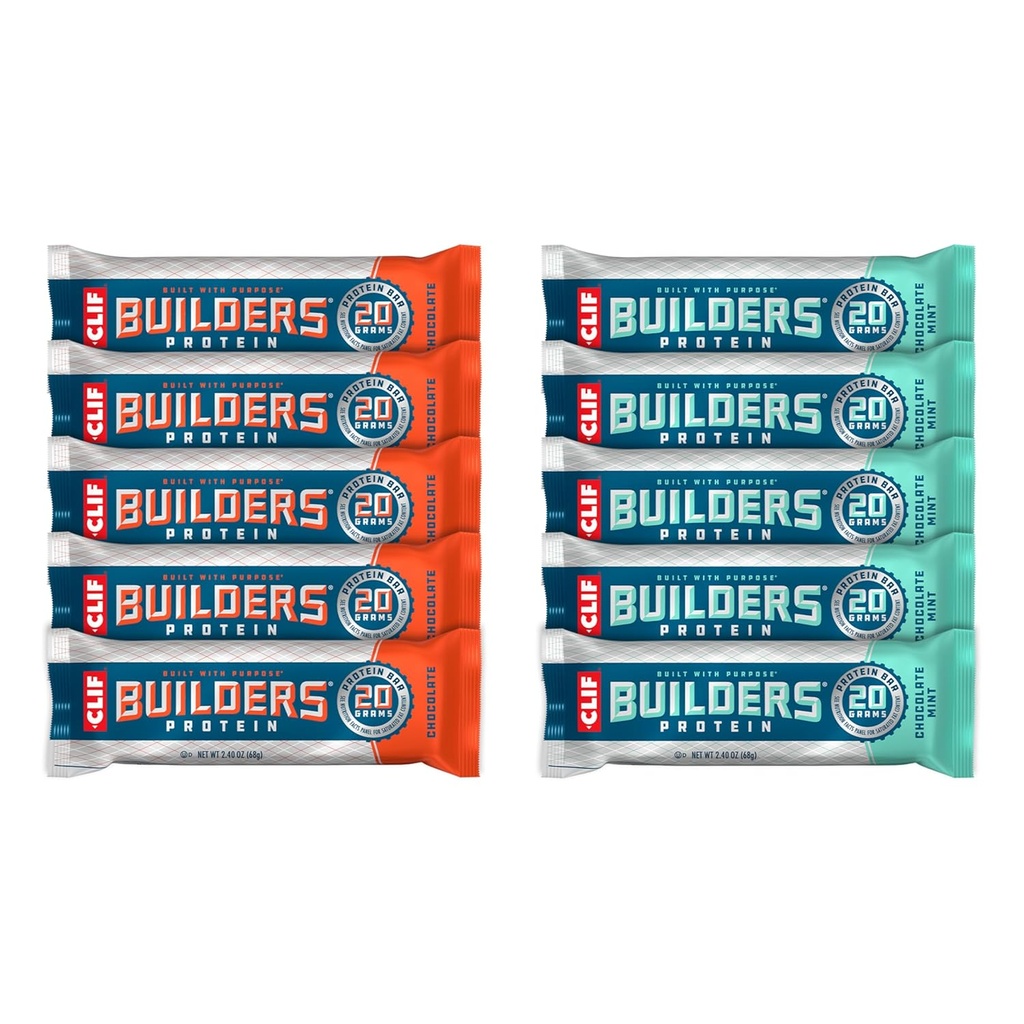 Costruzionisti CLIF - Menta al cioccolato e Cioccolato Flavor - Varietà Pack - Barre proteiche a base vegetale - Gluten Free - Non OGM - Bassa glicemica - 20g Protein - 2.4 oz. (10 Conte)