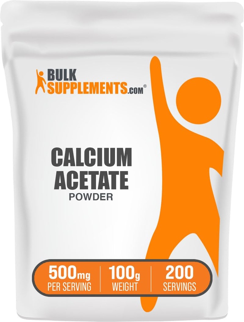BulkSupplements.com Polvere di acetato di calcio - Supplemento di calcio, Grado alimentare - Pure & Gluten Free, 500mg per porzione, 100g (3,5 oz) (Pack of 1)