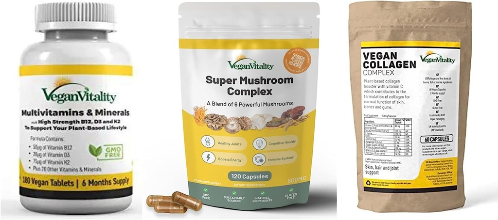 Vegan Vitality Booster Integra Bundle - Vegan multivitaminici, Collagen e Super Mushroom Complex. Formula a base vegetale ad alta resistenza per la salute generale per vegani e vegetariani