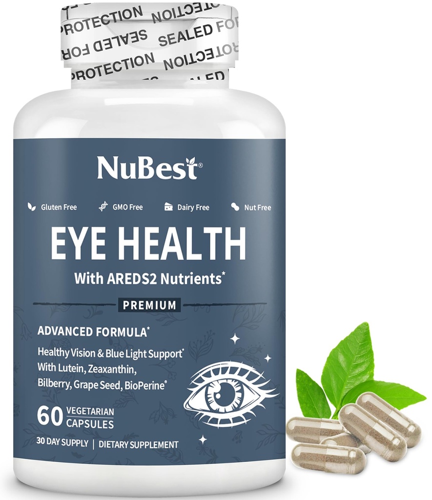NuBest AREDS 2 Vitamine per occhi con Beta Carotene Carrot Powder, 20mg Lutein, 4mg Zeaxantina, Bilberry, Seme per l'uva, BioPerine, B-Complex, Multivitamina per la salute degli occhi | 1 mese di fornitura