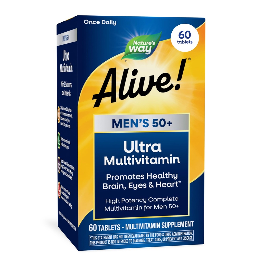 La Via della Natura Viva! Men’s 50+ Daily Ultra Multivitamin, Formula ad alta potenza, Supporta Cervello sano, Occhi e Cuore*, con B12 etilato, senza glutine, 60 compresse (vasoio di maggio)