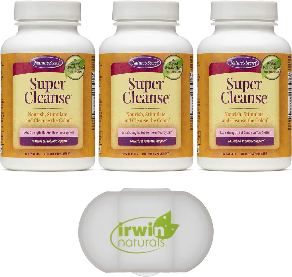 Natura Segreto Super Cleanse Extra Strength Toxin Detox & Gentle Eliminazione Total Body Cleanse, Digestivo & Colon Health Support, 3 confezioni da 100 compresse, con un caso di pillole