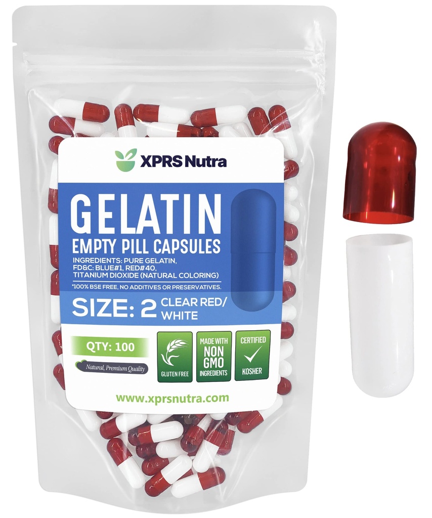 XPRS Nutra Size 2 Capsule Vuoti - 100 Conta Capsule Gelatini Vuoti - Pillole Riempimento Capsule fai da te - Pure Bovine Pill Gel Caps per Do-It-Yourself Supplements (Clear Red/White)