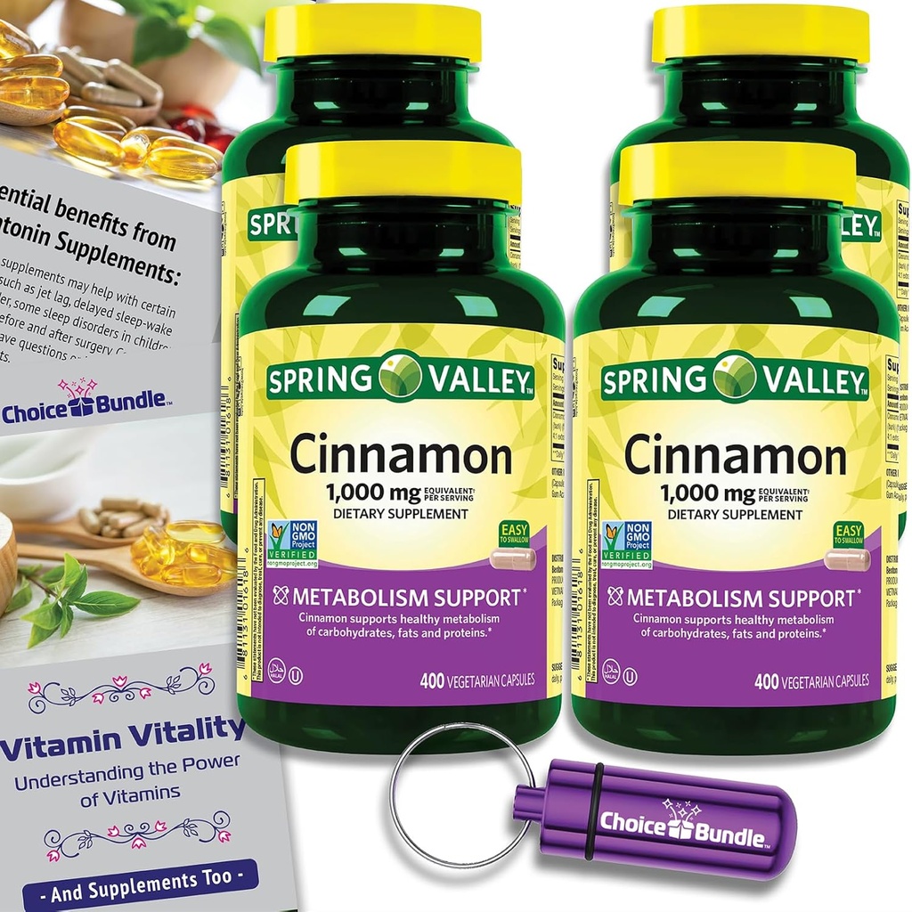 Scelta Bundle Spring Valley Cinnamon Integratore alimentare 1000mg 400 ct Capsule Vegetariani 4 pk (1600 Totale) + Guida “Vitamin Vitality” & Pill Container (6 voci)!