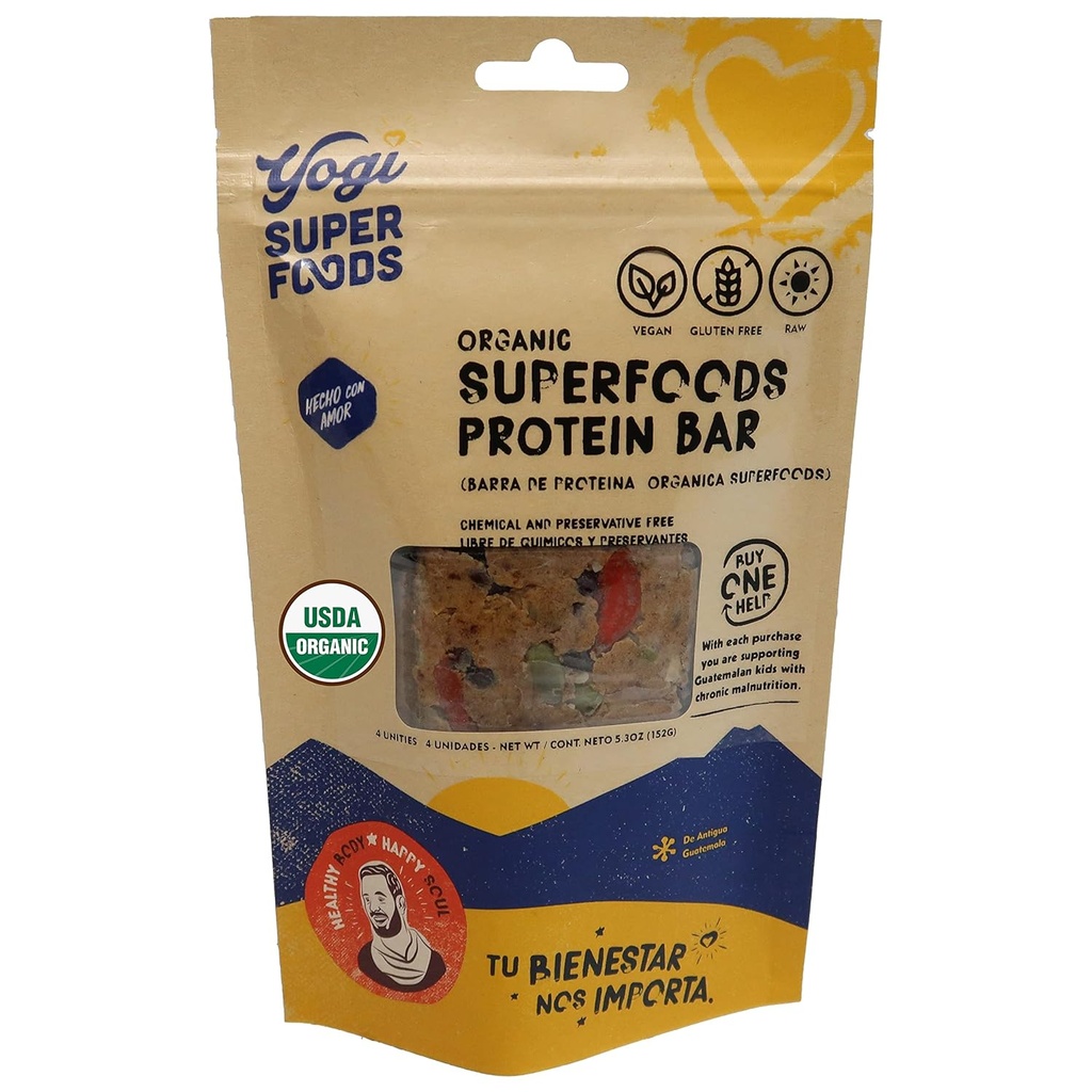 Yogi Super Foods Maca Protein Bars con Cacao per l'energia sana - Raw, Vegan, Gluten Free, Low Glycemic Superfood Snack Bar di cibo con proteine vegetali, cacao in polvere & Granola - 4 bar