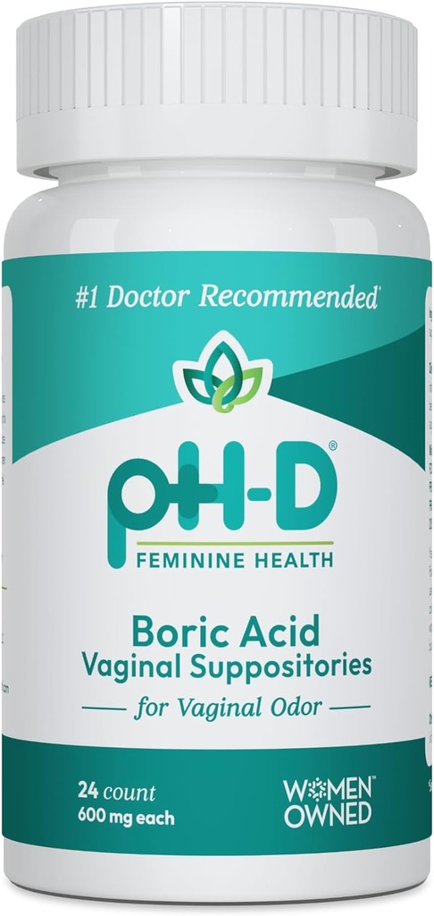 pH-D Feminine Salute - 600 mg Suppositori di acido borico - Donna Owned - per uso di odori vaginali - 24 Conte