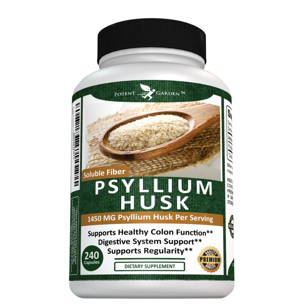 Potente giardino Psyllium Husk Capsule Tutto Naturale &amp; Potente Solubile Dietetico Fibra Supplemento Aiuta a sostenere Regolarità & Digestione, 240 Caps