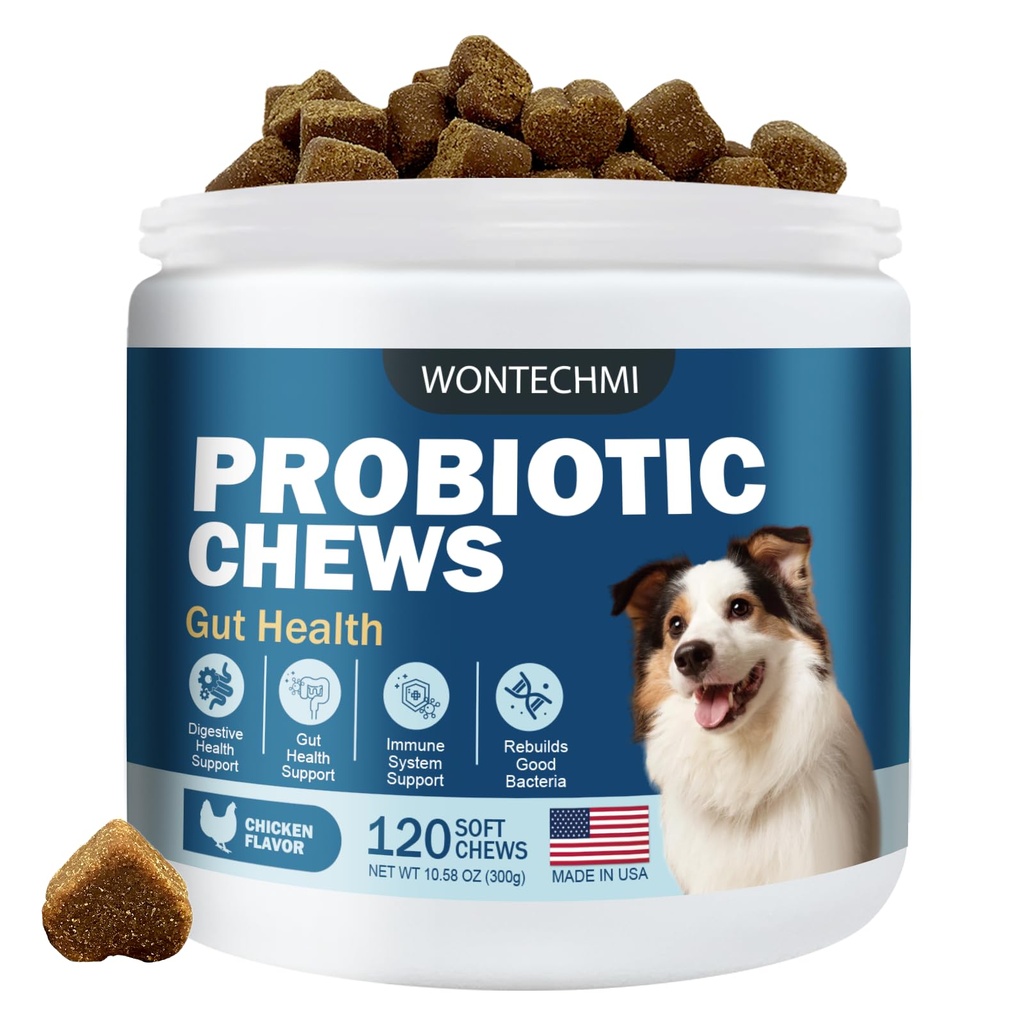 Probiotici per i cani, migliorare prurito pelle orecchie prurito, salute del fegato, equilibrio del lievito, alleergie, immunità, probiotici del cane e enzimi digestivi con prebiotici, ridurre la diarrea (pollo, 120 chews)