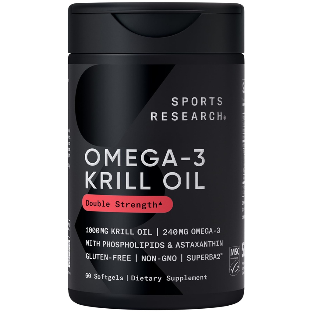 Ricerca sportiva Krill Oil Supplemento con EPA & DHA Omega 3, Phospholipids & Astaxanthin da Antarctic Krill - Concentrazione massima di Krill Oil per Uomini & Donne - 1000mg, 60 Softgel Capsule
