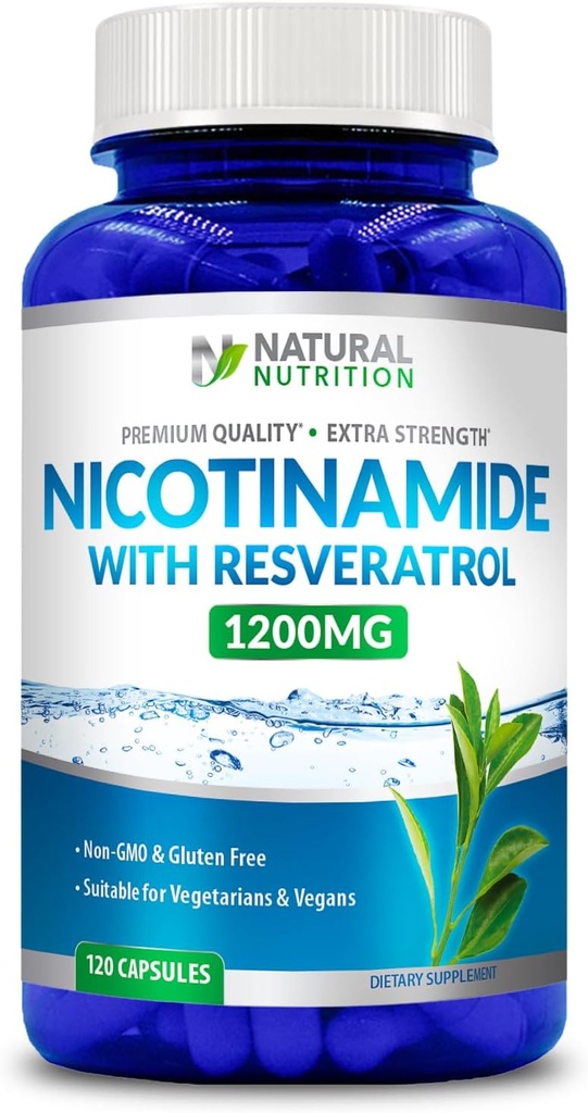 Vitamina Naturale Generica Extra Forza Nicotinamide con Resveratrolo 1200mg (Vitamina B-3) 120 capsule vegetali Gluten Free & Non-GMO