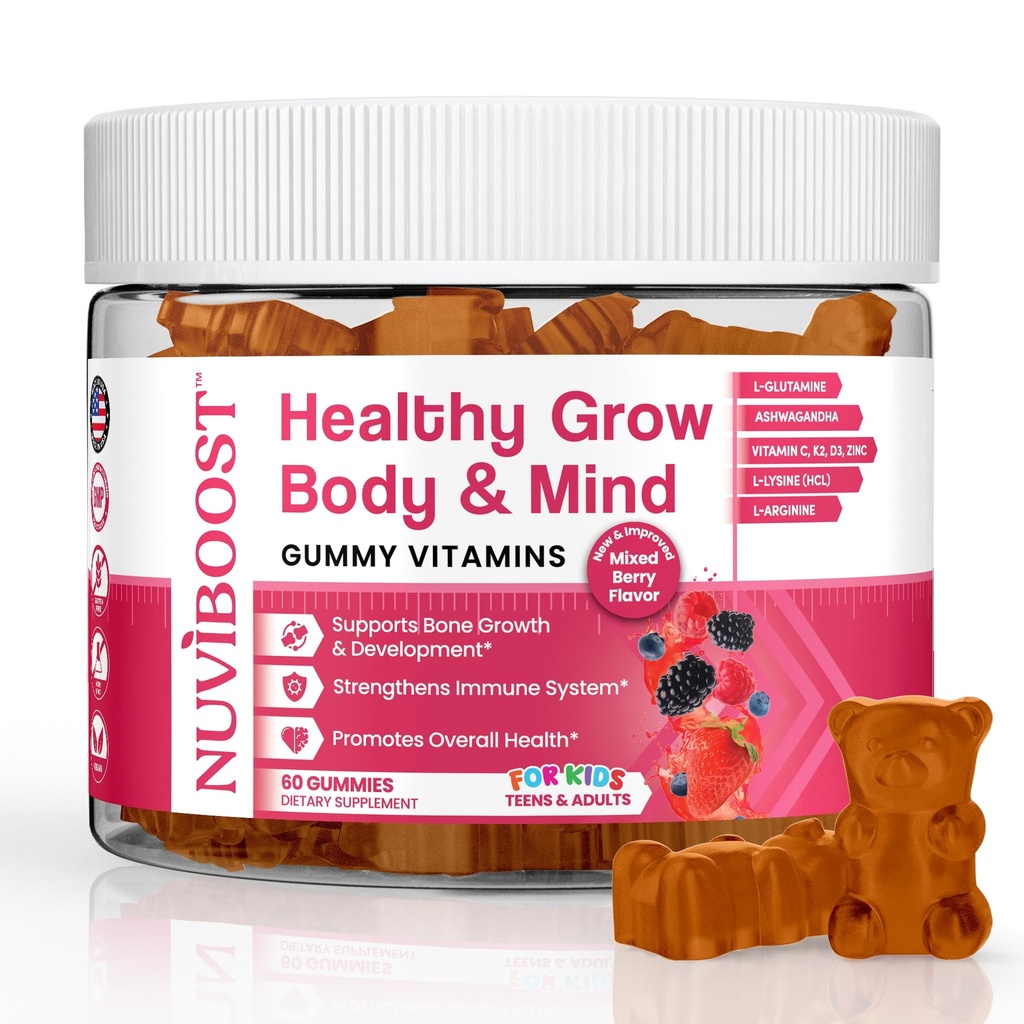 Gummies di crescita sana di crescita Ricco di calcio, Vitamine C, D3, K2, L-Arginina, Ashwagandha e altri, Boost Bone Salute e Immunità, Multivitamina, per bambini 5+, adolescenti e adulti.