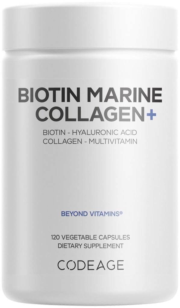 Codeage Biotin Marine Collagen Peptides - Wild-Caught Marine Collagen Tipi I & III, Biotina, Vitamine C & E, Acido Ialuronico, Aminoacidi, Frutta e Miscela di erbe, Non-GMO - 120 capsule