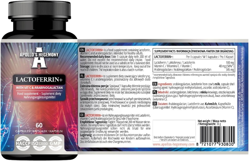 APOLLO'S HEGEMONY Lactoferrin+ 100 mg - con vitamina C e Arabinogalactan - 60 capsule vegane - 2 mesi di alimentazione - per l'immunità e l'assorbimento di ferro migliorati