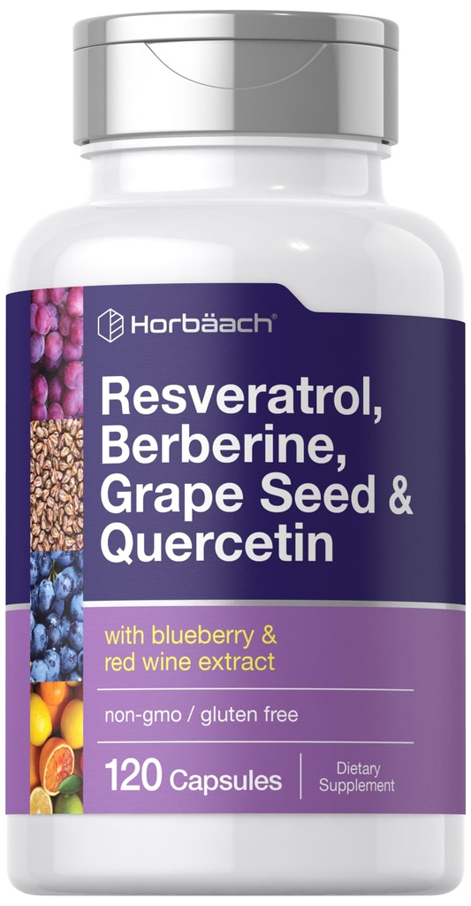 Horbäach Resveratrol Berberine Grape Seed & Quercetin | con Blueberry & Red Wine Extract | 120 capsule | Non OGM, Gluten Free & Vegetarian Supplement