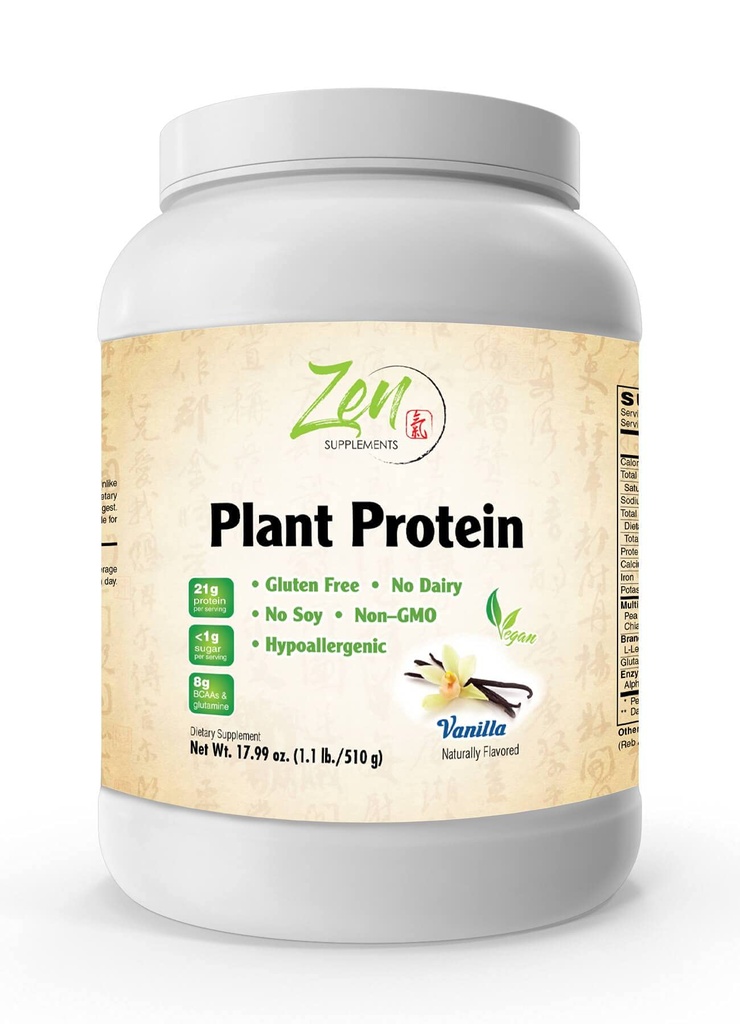 Zen Supplements - Plant Protein-Vanilla 510G 1.1LB-Powder- 25 Grammi di Proteine Per Serving -Vegan, Low Net Carbs, Non Dairy, Gluten Free, Lactose Free, No Sugar Aggiunto, Soy Free, Kosher, Non OGM