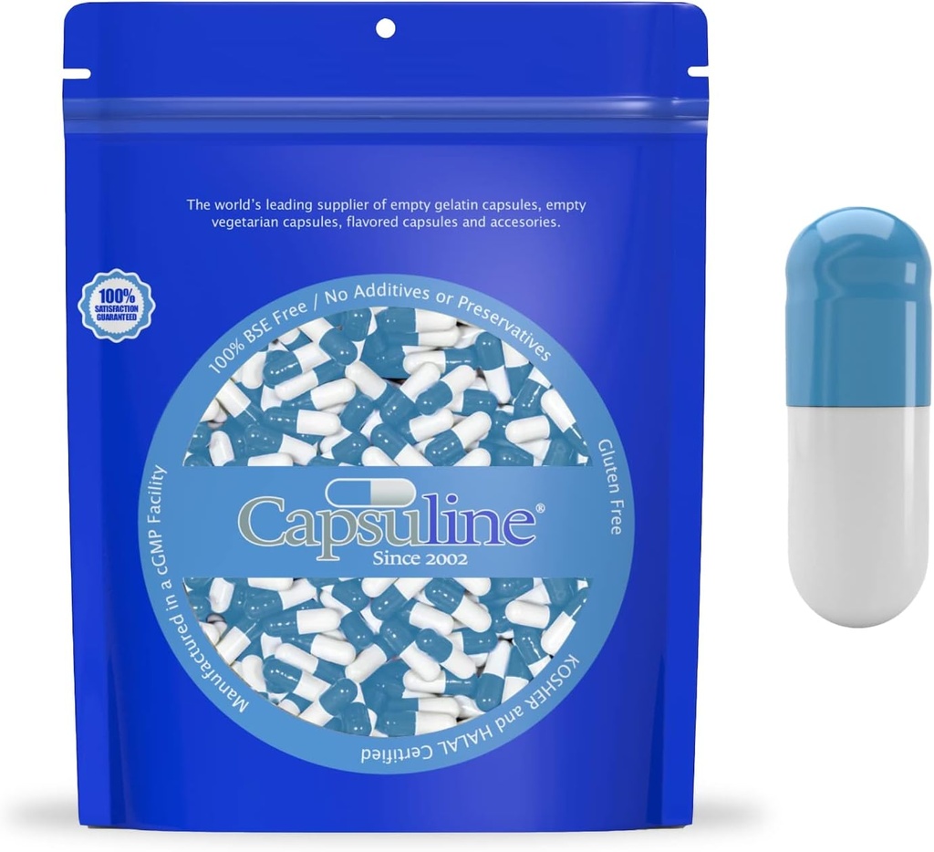 Capsuline Colored Size 0 Empty Gelatin Capsule Blue/White 5000 Count |Kosher & Halal Certified |Gluten Free