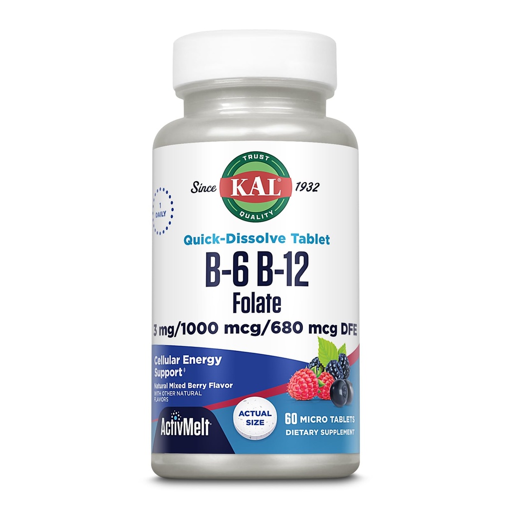 KAL Vitamina B-6, B-12 & Folic Acid Supplemento, Salute del cuore, Energy & Red Blood Cell Support*, con vitamina B12 Methylcobalamin & Folate, Natural Berry Flavor, 60 Servings, 60 ActivMelt Micro Tablets