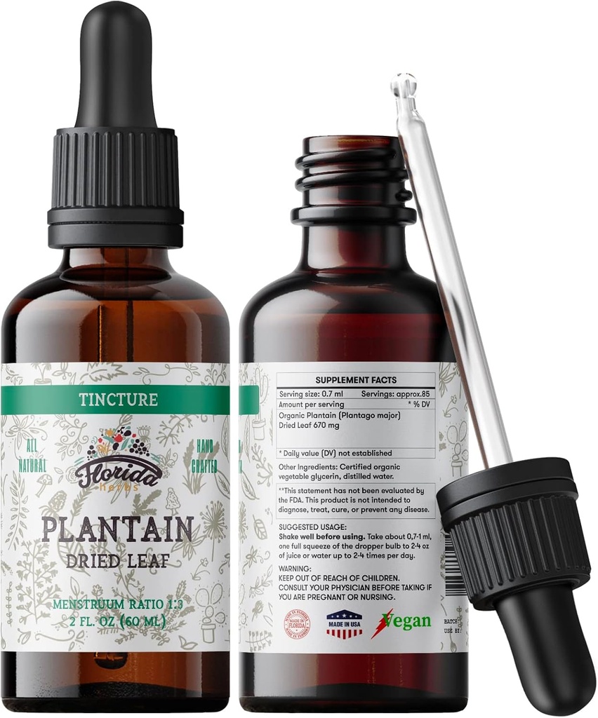 Tintura di Plantain, Estratto organico di Plantain (Plantago Maggiore) Integratore di salute della foglia secca, Non OGM in Glicerina vegetale organica prematura a freddo 2 oz, 670 mg