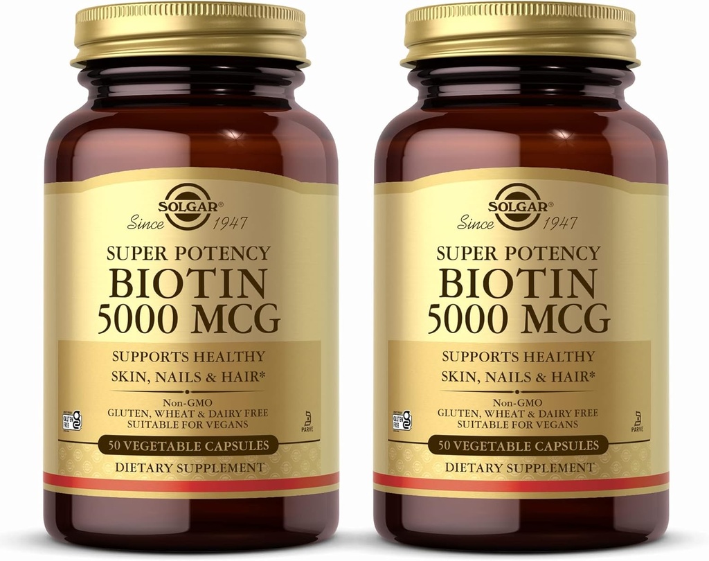 Solgar Biotin 5000 mcg - 50 capsule vegetali, Confezione da 2 - Supporta pelle sana, unghie e capelli - Non OGM, Vegan, Gluten Free, Dairy Free, Kosher - 100 Total Servings