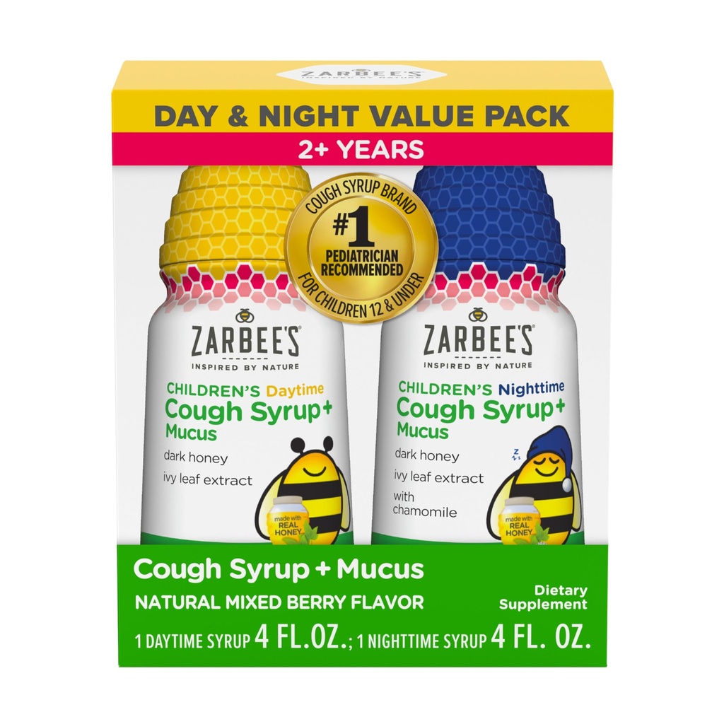 Zarbee's Honey Cough Syrup + Mucus Day & Night Value Pack, Daytime & Nighttime Toddler Cough Syrup, Dark Honey, Ivy Leaf Extract, Chamomile, Mixed Berry Flavor, 2X 4 Fl Oz