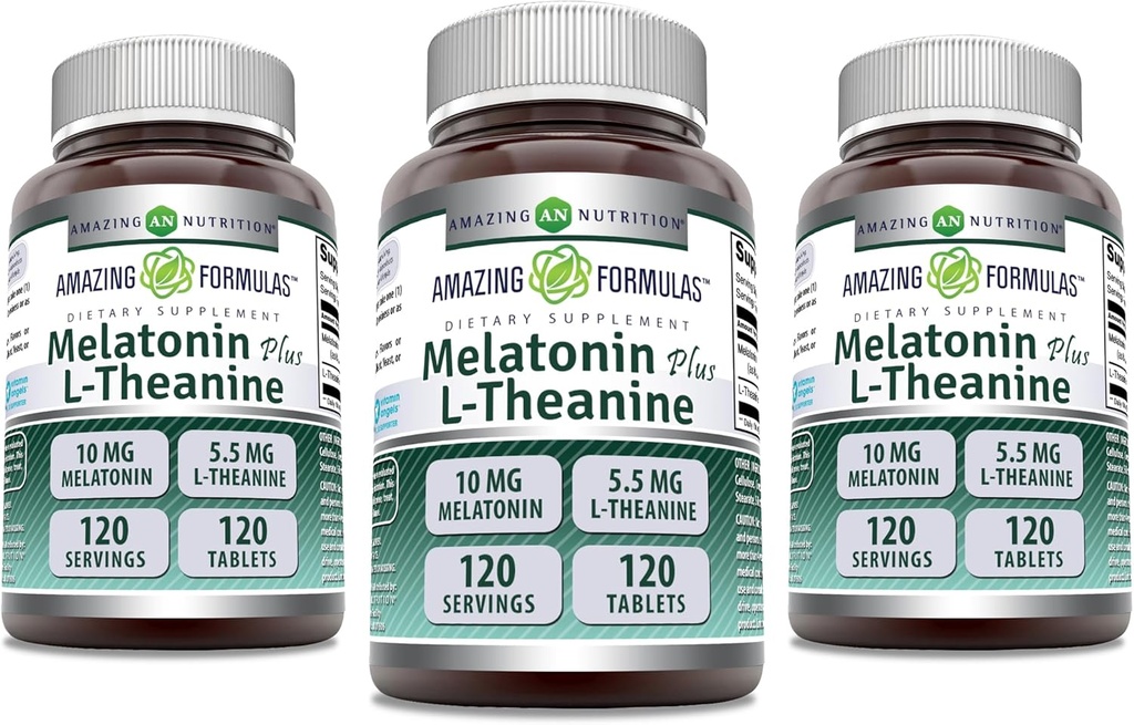 Amazing Formulas Melatonin 10 Mg Plus L-Theanine 5.5 Mg Supplemento | 120 compresse | Non-GMO | Gluten Free | Made in USA | Confezione da 3
