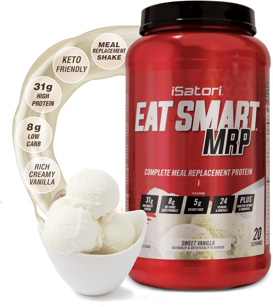 iSatori Eat Smart MRP, Shake di sostituzione del meal delle proteine con polvere di proteine del siero, polvere di probiotici, proteine della caseina, olio di MCT, albume di uova, vitamine e minerali, Keto, aroma di Vanilla, 20 Servings