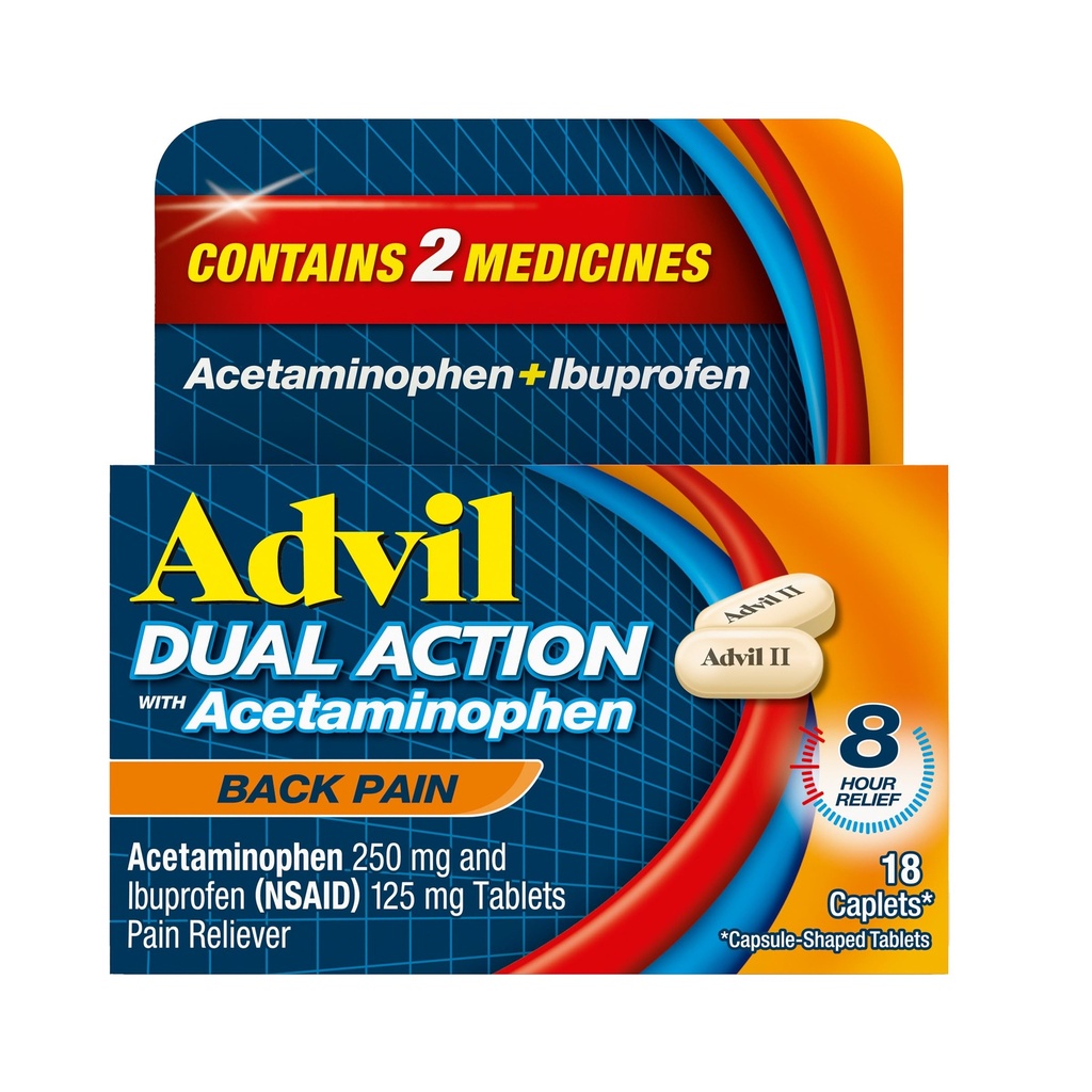 Advil doppia azione posteriore dolore caplets fornisce 250mg Ibuprofene e 500mg Acetaminophen Per Dose per 8 ore di mal di schiena sollievo - 18 Conte